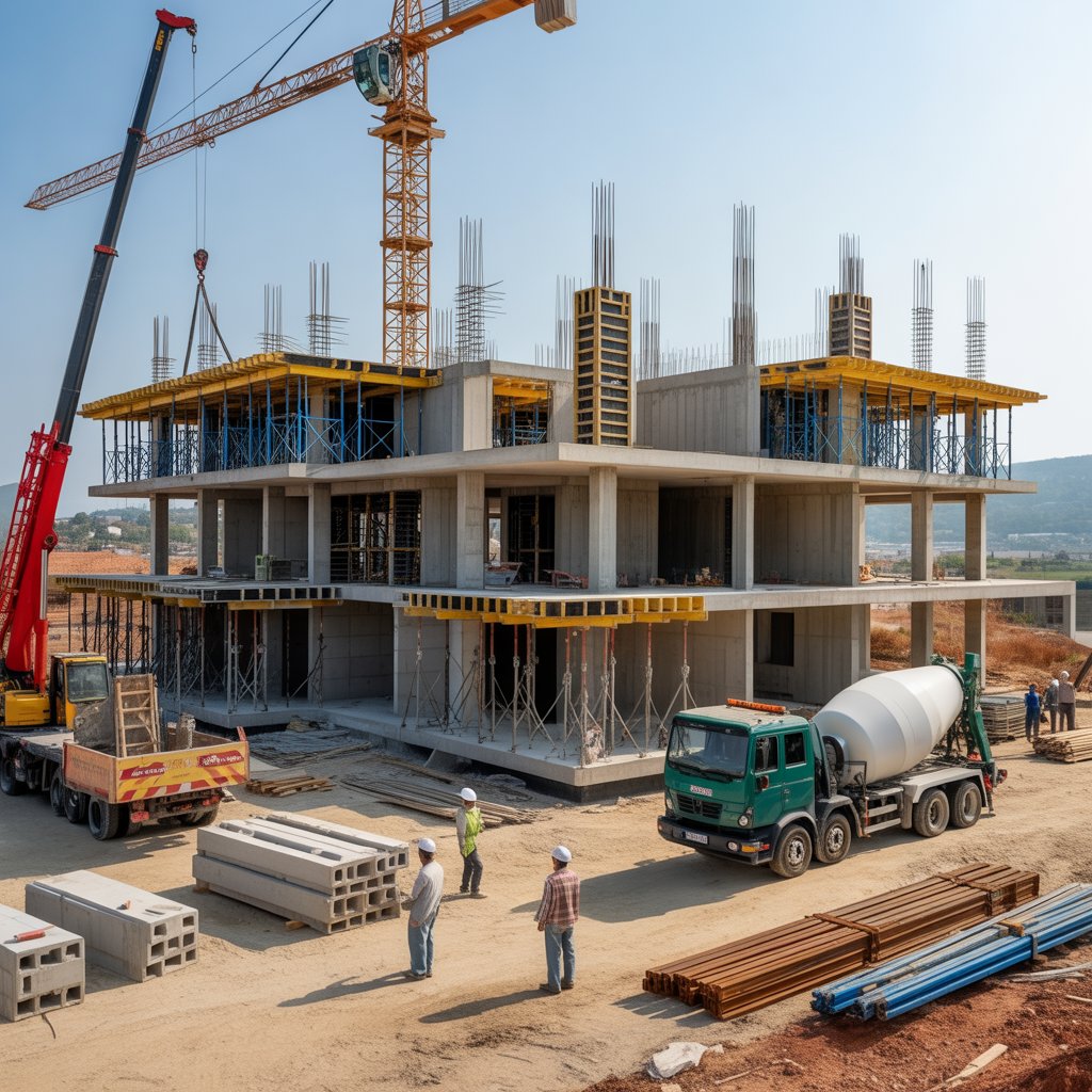 Şantiyede betonarme yapı, vinç ve inşaat ekipmanları