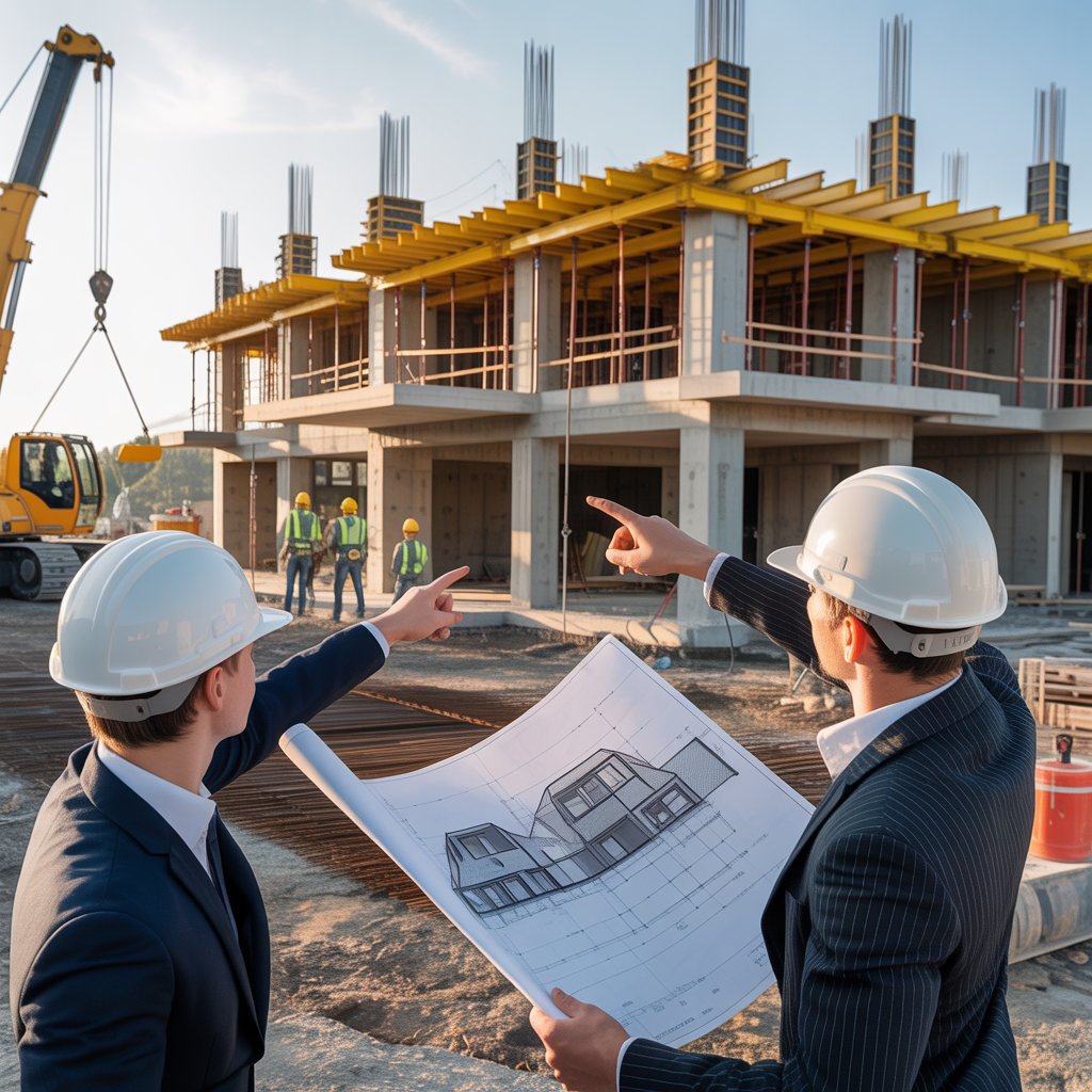 Şantiyede mimari planı inceleyen mühendislik ekibi